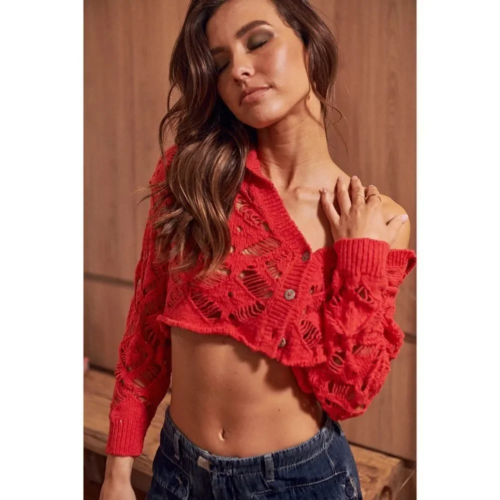 NWT Free People Sedona Open Knit Cropped Cardigan in Guava Berry, Size Small